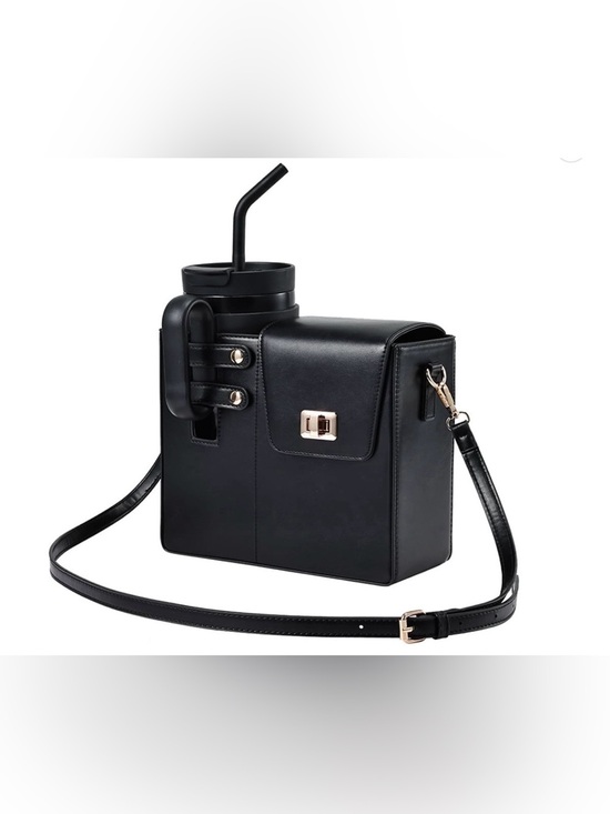 Handbags - Black Structured Crossbody Bag with Cup Holder